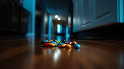 A scattering of colorful candies on a wooden floor in a blurry kitchen setting.