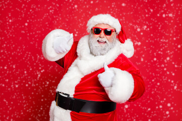 Close-up portrait of his he cheerful cheery glad confident funky fat overweight plump gray-haired bearded man showing thumbup ad advert isolated over bright vivid shine red background