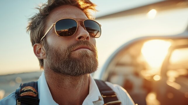 A fashionable man with a beard and sunglasses stands outdoors wearing a flight headset, exuding confidence, style, and readiness for adventure.