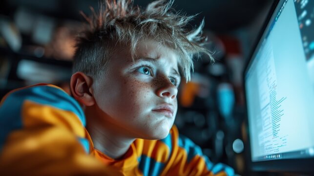 An intense young boy focused on a computer screen, immersed in digital content, surrounded by low light, reflecting the themes of technology and concentration.