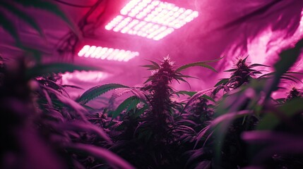 Fototapeta premium Cannabis plants thriving under high-intensity led lighting in a controlled indoor environment.