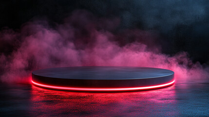 striking display podium illuminated by vibrant red neon light, surrounded by swirling smoke, creating a dramatic atmosphere that symbolizes innovation, creativity, and attention