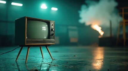 A vintage television set with wooden legs stands majestically in a dimly lit industrial space, smoke rising and fiery light casting dramatic shadows.