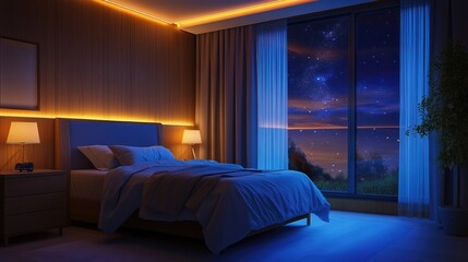 Serene bedroom with cozy bed illuminated by warm soft lighting. Large windows reveal stunning night sky filled stars. Calm tranquil atmosphere. Sleep and relaxation, comfort and peace. Interior design