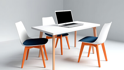 laptop sits table three chairs model