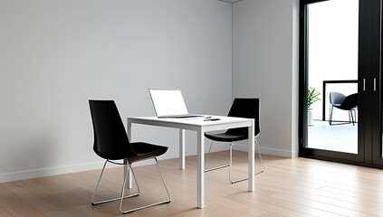 laptop sits table three chairs model