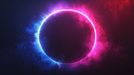 Abstract bacground with circle neon lights and smoke arroud