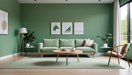 light green sofa sits near round wooden coffee table green wall modern scandinavian living room setting