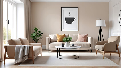 living room interior features coffee table beige chair mock poster wall home design rendering style