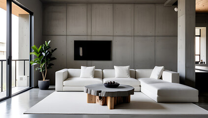 loft features tree stump coffee table white corner sofa concrete wall cement column minimalist modern living room setup home today