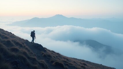 Obraz premium Lone Hiker Silhouetted Against Ethereal Mountain Landscape and Rolling Fog