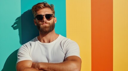 A stylish bearded man wears sunglasses while standing against a vibrant rainbow-colored wall, capturing the essence of modern fashion and bold aesthetics.
