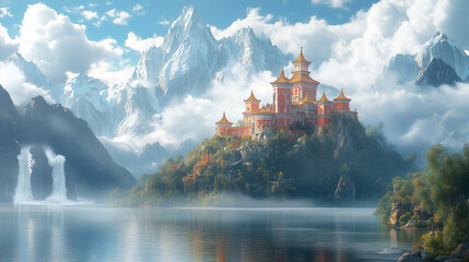 Obraz premium Ancient Chinese Palace in Misty Mountain Landscape with Reflective Lake 