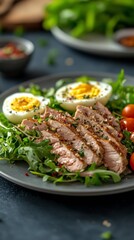 Fresh garden salad with tuna, boiled eggs, and cherry tomatoes in a bright setting