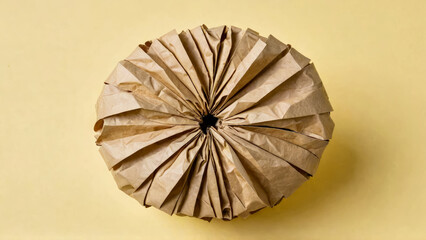 Obraz premium Crumpled sheet of craft paper in the shape of an apple, on a pale yellow background. Copy space.