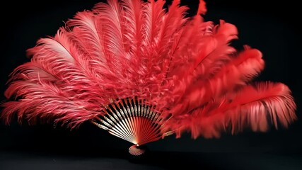 Red feather fan opening on black background