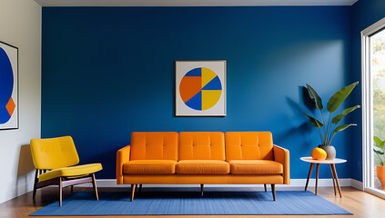 mid century decor features orange sofa chair bold blue yellow color scheme contrasting wall accents
