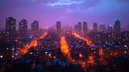 Fototapeta premium A vibrant cityscape at night, illuminated by streetlights and buildings under a purple sky.
