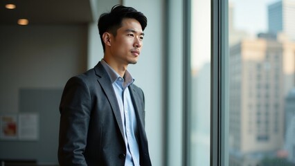 Fototapeta premium Focused Young Businessman Gazing Out of Window in Bright Office Setting