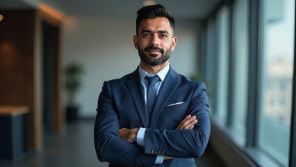 Fototapeta premium Confident South Asian Businessman in Suit Displaying Leadership in Modern Office
