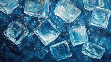 Cold glistening ice cubes close up in a deep blue background. Clear, crystalline texture. Beverage designs. Art illustration.