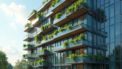 Obraz premium Stunning Modern Glass Office Building with Lush Green Terraces