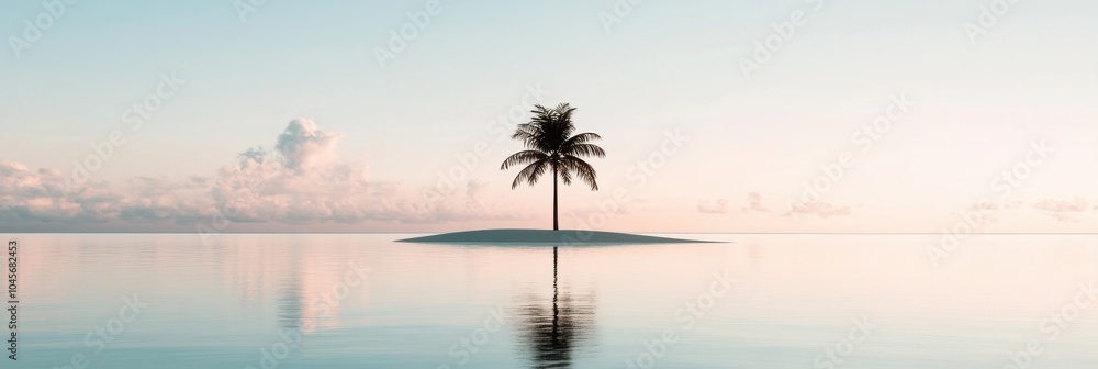 Poster the tranquil island showcases a single palm tree amidst still waters, reflecting a beautiful sky dur