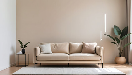 minimalist decor features beige sofa front empty wall sufficient negative space around