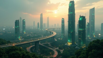 Futuristic Green Skyscrapers: A Dusk View of Modern Urban Architecture