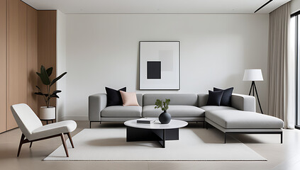 minimalist living room features boucle lounge chair sofa classic style clean lines