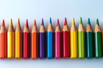 Vibrant colored pencils arranged neatly in a row on a white background during daylight