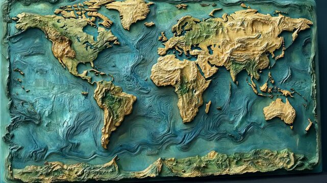 A high-resolution topographic world map detailing continents, displaying physical features such as mountains, rivers, and oceans, ideal for geographic and educational purposes. Video