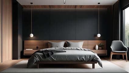 minimalist modern bedroom features simple setup vase wooden cabinet near dark backdrop