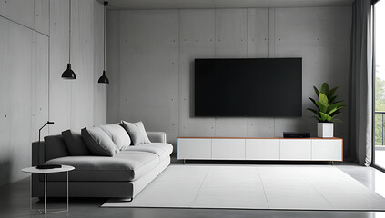Fototapeta premium minimalist sofa tv concrete wall modern living room loft interior design elements