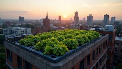 Fototapeta premium Lush Green Rooftop Farm on a Commercial Building Overlooking the City at Sunrise