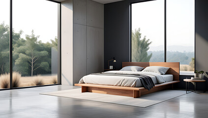 modern bedroom features high panoramic window wooden bed cold concrete floor