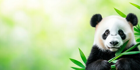 Fototapeta premium Adorable young panda playfully munching on bamboo, set against a serene, soft green backdrop