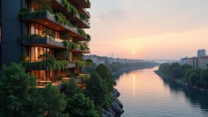 Obraz premium Eco-Friendly Riverside High-Rise with Lush Living Balconies at Dusk
