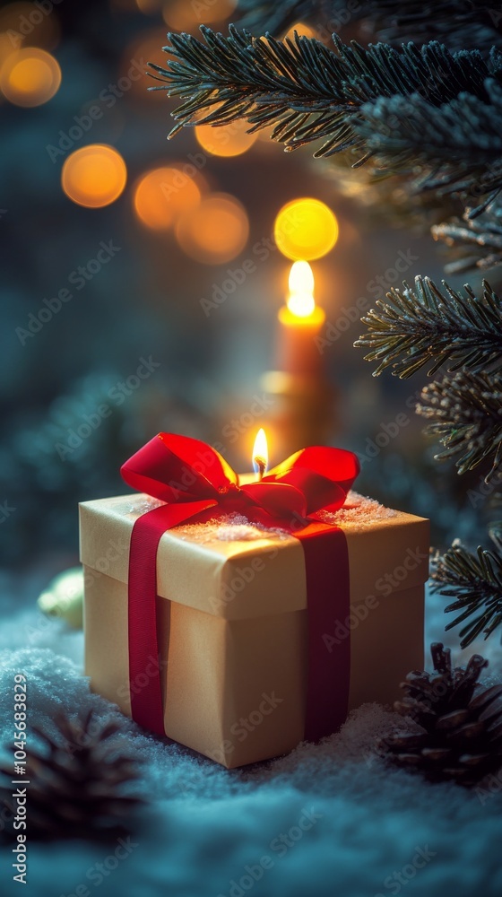 Wall mural a beautifully wrapped christmas gift beside a glowing candle and decorated pine tree