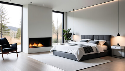 modern bedroom minimalist decor features cozy fireplace contemporary style surroundings always