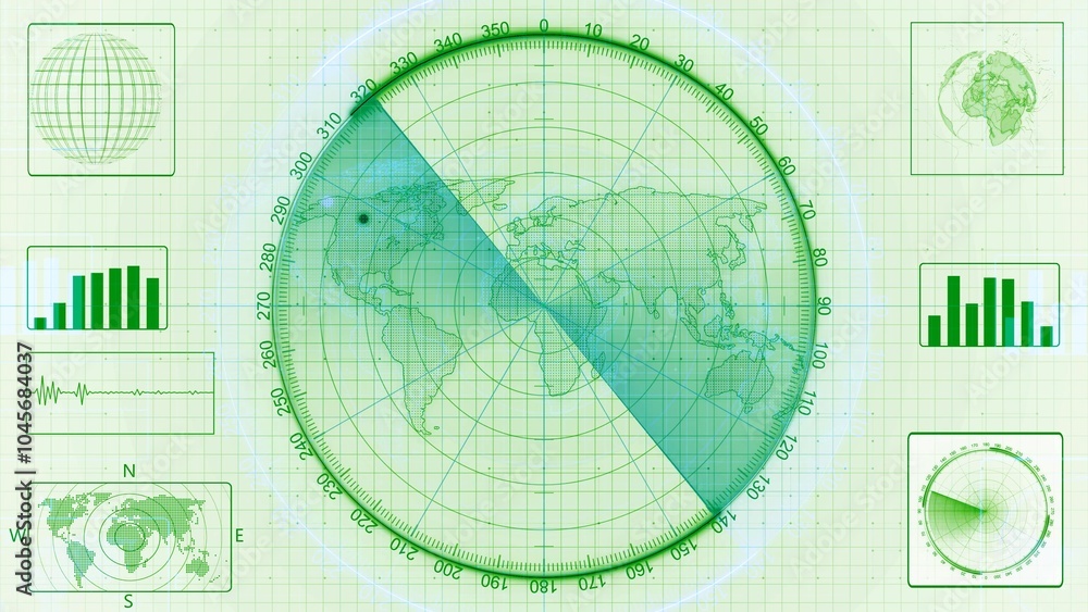 Poster green radar screen with world map and data graphs