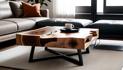 modern coffee table live edge features near cozy sofa stylish living room setting
