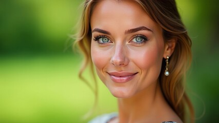 Naklejka premium Confident Smiling Woman with Beautiful Blue Eyes in Outdoor Setting