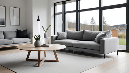 Fototapeta premium modern grey sofa sits round wooden table large window minimalist scandinavian living space