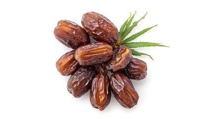 Obraz premium Big Medjool Dates and Palm Leaf on a White Background