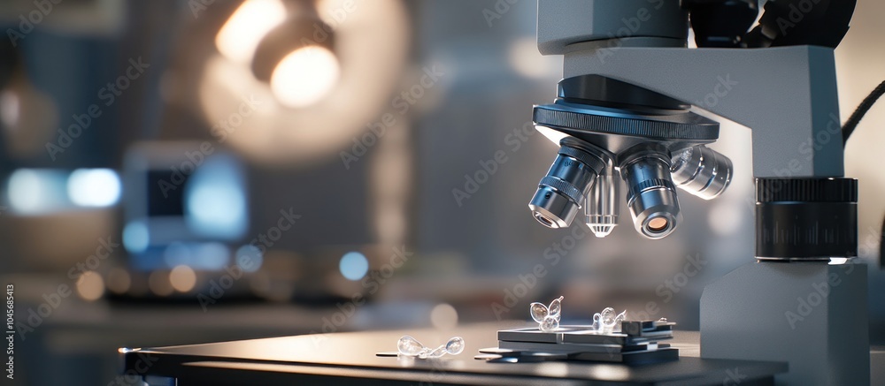 Poster closeup of a microscope with a blurry background of a laboratory.