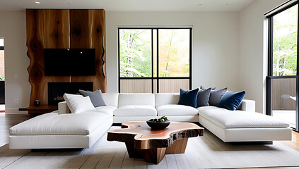 modern living room features live edge coffee table matching white sofa