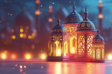 Obraz premium Colorful lanterns illuminate the evening air as soft light radiates through intricate designs