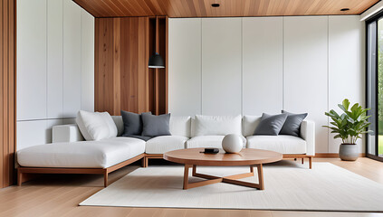 modern living room features natural wood coffee table minimalist decor near white corner sofa wooden paneling wall background