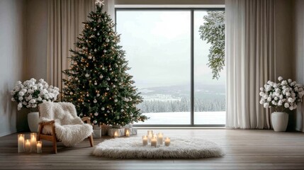 Festive Christmas Tree in Cozy Winter Room with Snowy Landscape View from Large Window - Warm, Peaceful Holiday Atmosphere